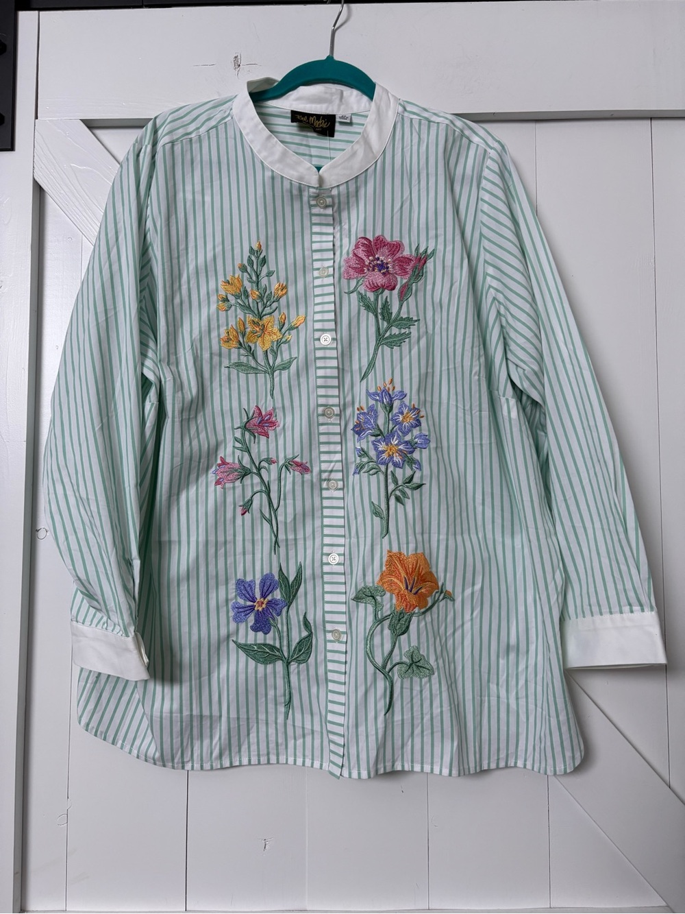 Bob Mackie wearable art Striped Button-Up Shirt Multicolor Floral Embroidery 2X